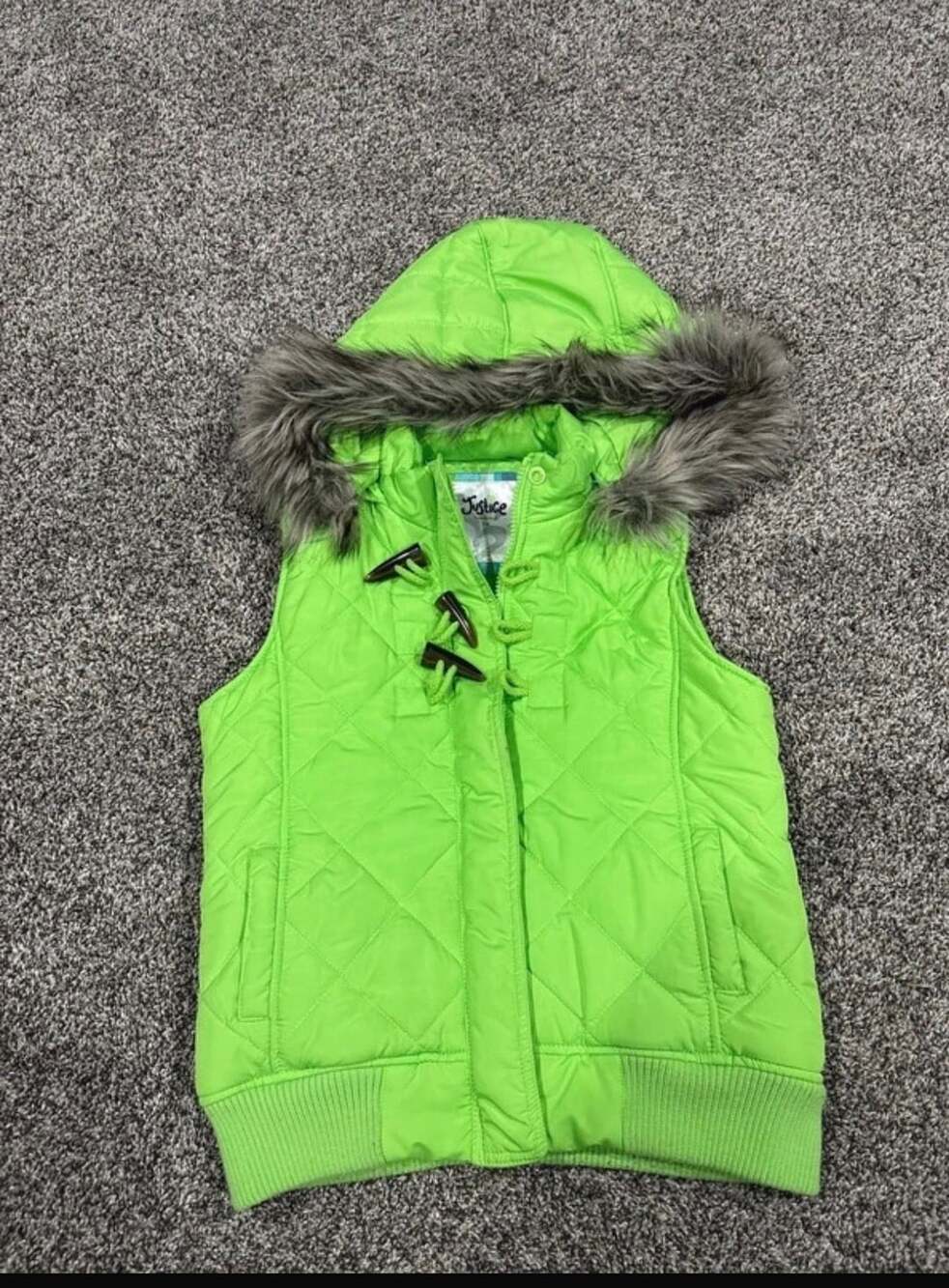 Justice Puffer Vest Size 14 Green Quilted Toggle Faux Fur Hood